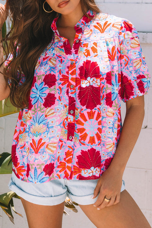 Floral Print Bubble Sleeve Pleated Button Up Shirt