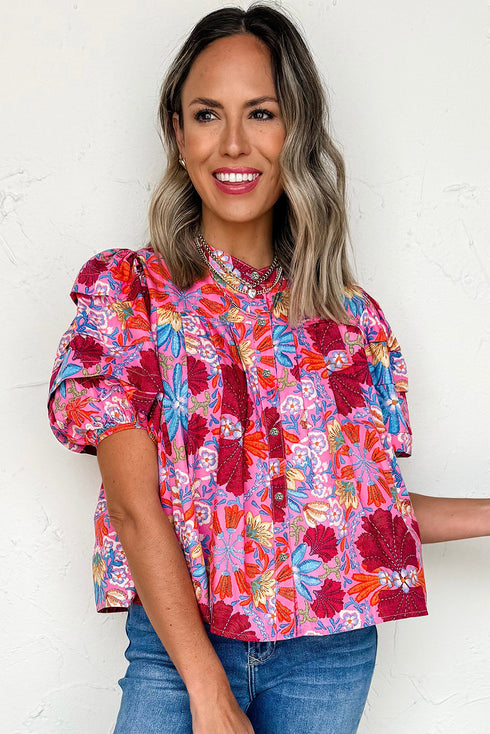 Floral Print Bubble Sleeve Pleated Button Up Shirt