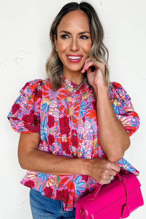 Floral Print Bubble Sleeve Pleated Button Up Shirt