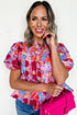 Floral Print Bubble Sleeve Pleated Button Up Shirt