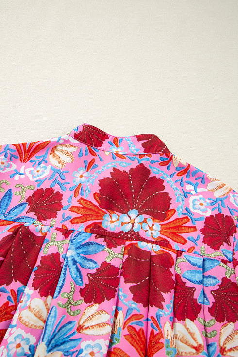 Floral Print Bubble Sleeve Pleated Button Up Shirt
