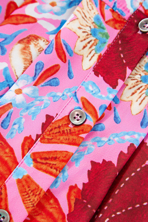 Floral Print Bubble Sleeve Pleated Button Up Shirt