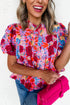 Floral Print Bubble Sleeve Pleated Button Up Shirt