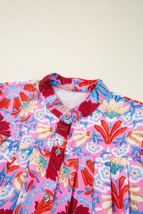 Floral Print Bubble Sleeve Pleated Button Up Shirt