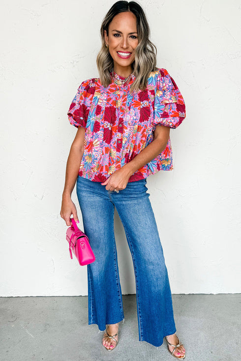 Floral Print Bubble Sleeve Pleated Button Up Shirt