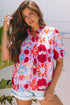 Floral Print Bubble Sleeve Pleated Button Up Shirt