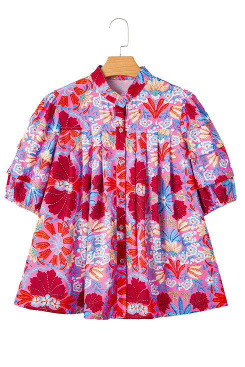 Floral Print Bubble Sleeve Pleated Button Up Shirt