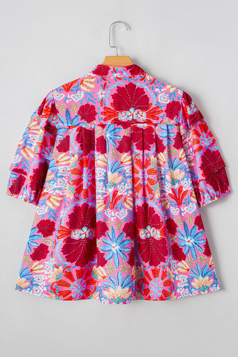Floral Print Bubble Sleeve Pleated Button Up Shirt