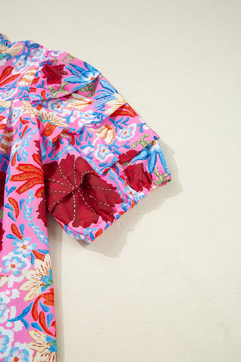 Floral Print Bubble Sleeve Pleated Button Up Shirt