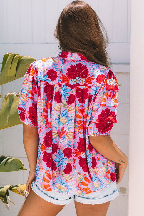 Floral Print Bubble Sleeve Pleated Button Up Shirt