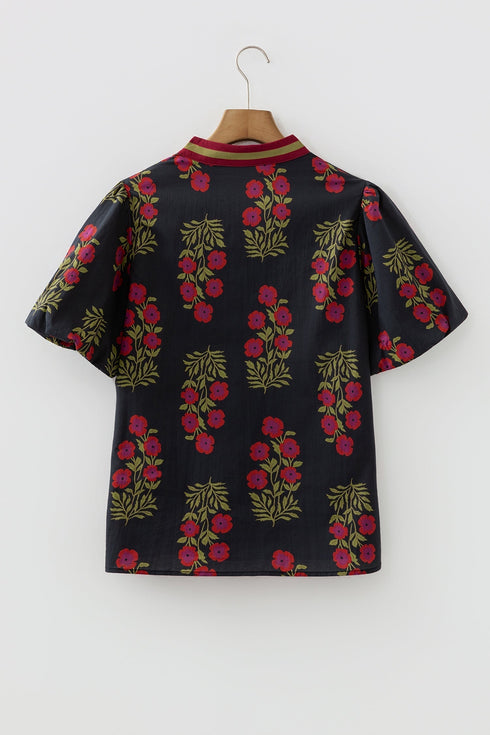 Floral Print Bubble Sleeve Slit Neck Cotton Blouse