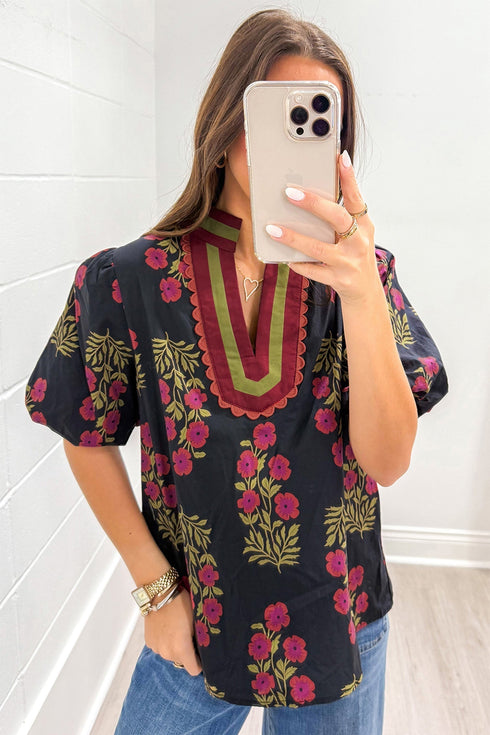 Floral Print Bubble Sleeve Slit Neck Cotton Blouse