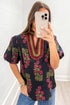Floral Print Bubble Sleeve Slit Neck Cotton Blouse