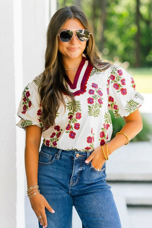 Floral Print Bubble Sleeve Slit Neck Cotton Blouse