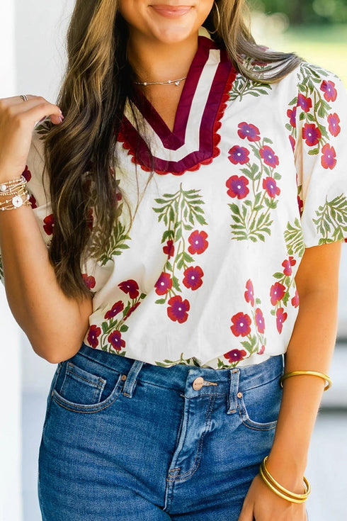 Floral Print Bubble Sleeve Slit Neck Cotton Blouse