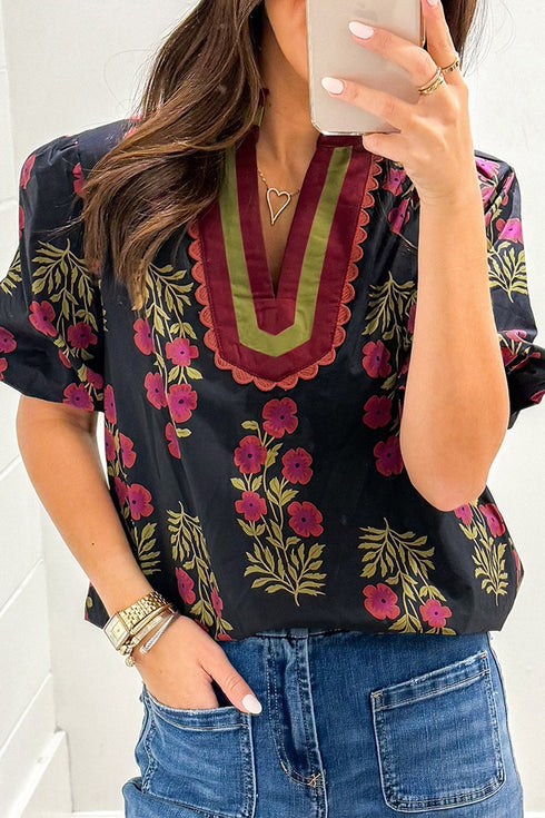 Floral Print Bubble Sleeve Slit Neck Cotton Blouse