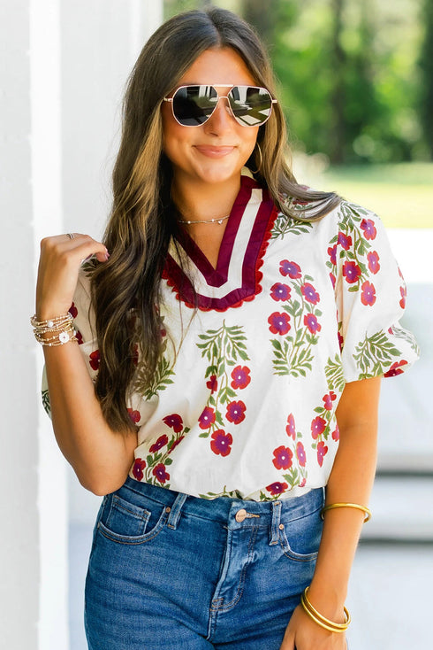 Floral Print Bubble Sleeve Slit Neck Cotton Blouse
