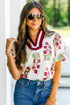 Floral Print Bubble Sleeve Slit Neck Cotton Blouse