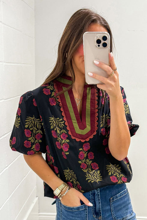 Floral Print Bubble Sleeve Slit Neck Cotton Blouse