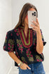 Floral Print Bubble Sleeve Slit Neck Cotton Blouse