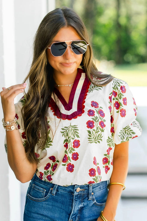 Floral Print Bubble Sleeve Slit Neck Cotton Blouse
