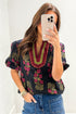 Floral Print Bubble Sleeve Slit Neck Cotton Blouse