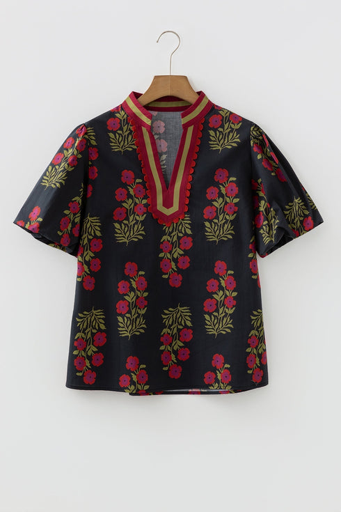 Floral Print Bubble Sleeve Slit Neck Cotton Blouse