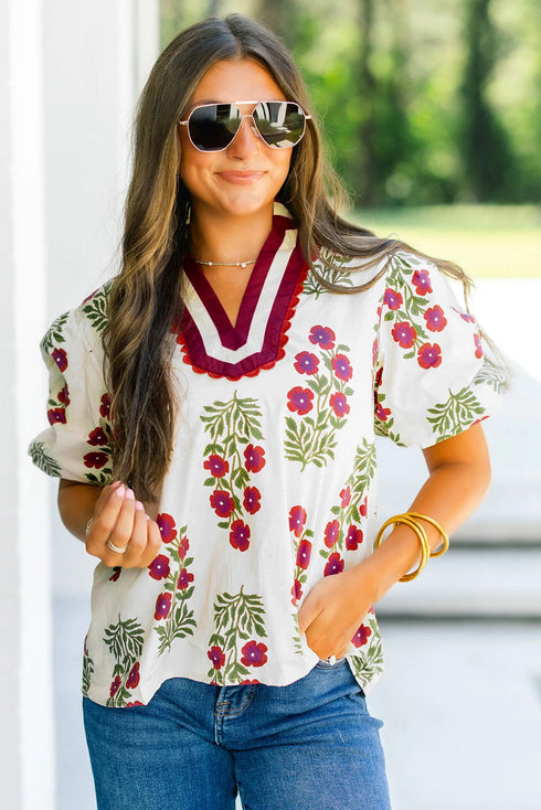 Floral Print Bubble Sleeve Slit Neck Cotton Blouse