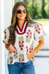 Floral Print Bubble Sleeve Slit Neck Cotton Blouse