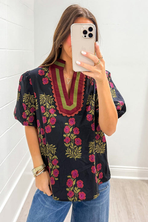 Floral Print Bubble Sleeve Slit Neck Cotton Blouse