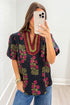 Floral Print Bubble Sleeve Slit Neck Cotton Blouse