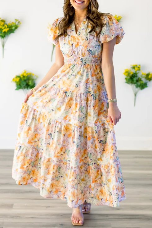 Floral Print Bubble Sleeve V Neck Flared Maxi Dress