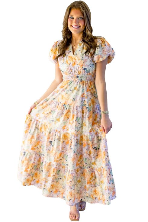 Floral Print Bubble Sleeve V Neck Flared Maxi Dress