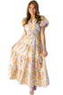 Floral Print Bubble Sleeve V Neck Flared Maxi Dress