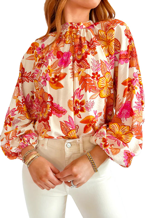 Floral Print Button Detail Keyhole Puff Sleeve Blouse