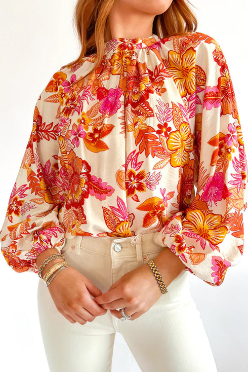 Floral Print Button Detail Keyhole Puff Sleeve Blouse