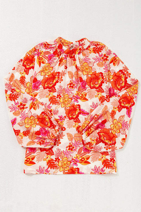 Floral Print Button Detail Keyhole Puff Sleeve Blouse