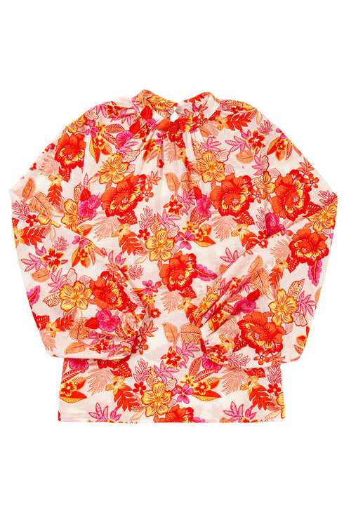 Floral Print Button Detail Keyhole Puff Sleeve Blouse