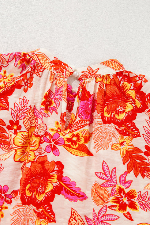 Floral Print Button Detail Keyhole Puff Sleeve Blouse