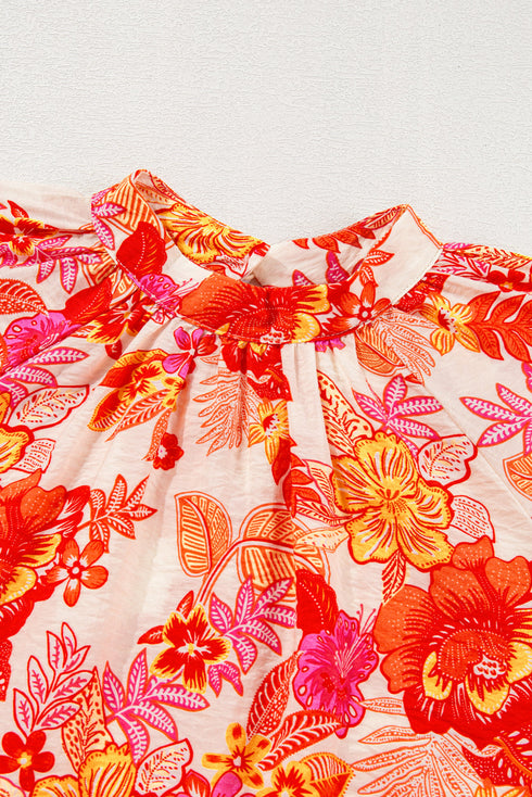 Floral Print Button Detail Keyhole Puff Sleeve Blouse