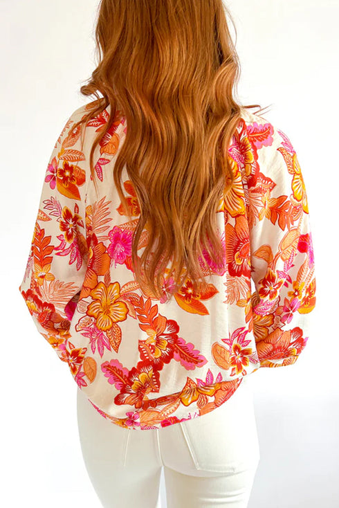 Floral Print Button Detail Keyhole Puff Sleeve Blouse
