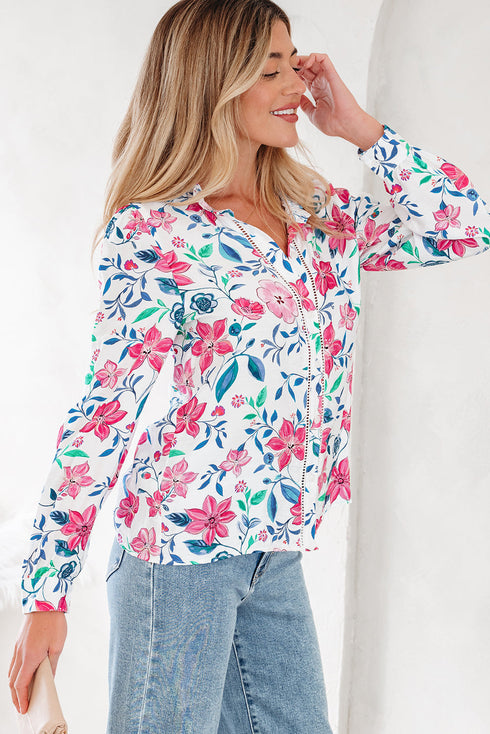 Floral Print Button Front Ladder Trim Woven Blouse