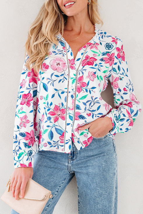 Floral Print Button Front Ladder Trim Woven Blouse