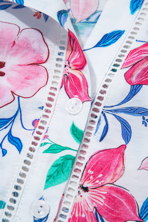 Floral Print Button Front Ladder Trim Woven Blouse