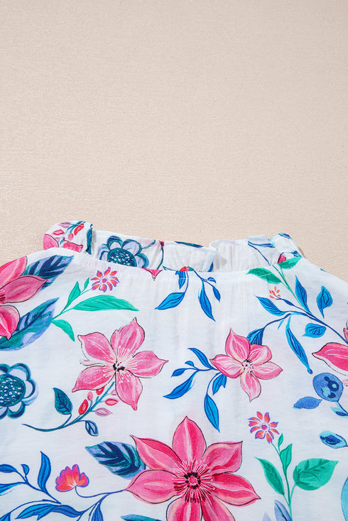 Floral Print Button Front Ladder Trim Woven Blouse