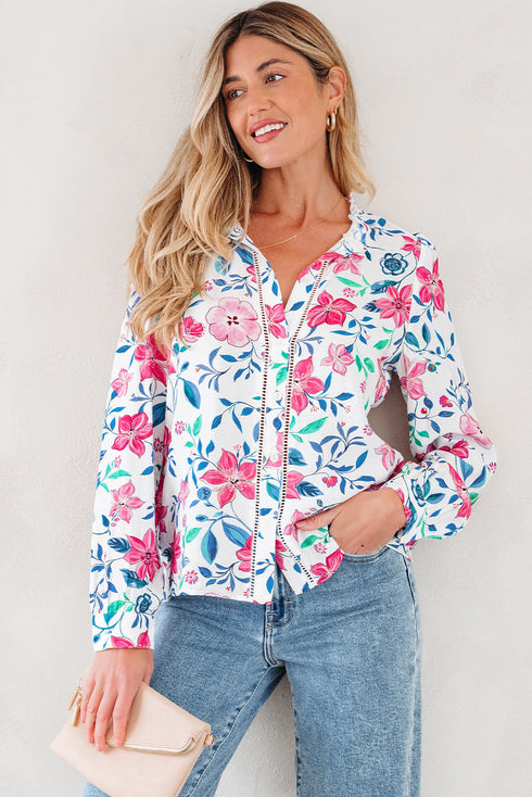 Floral Print Button Front Ladder Trim Woven Blouse