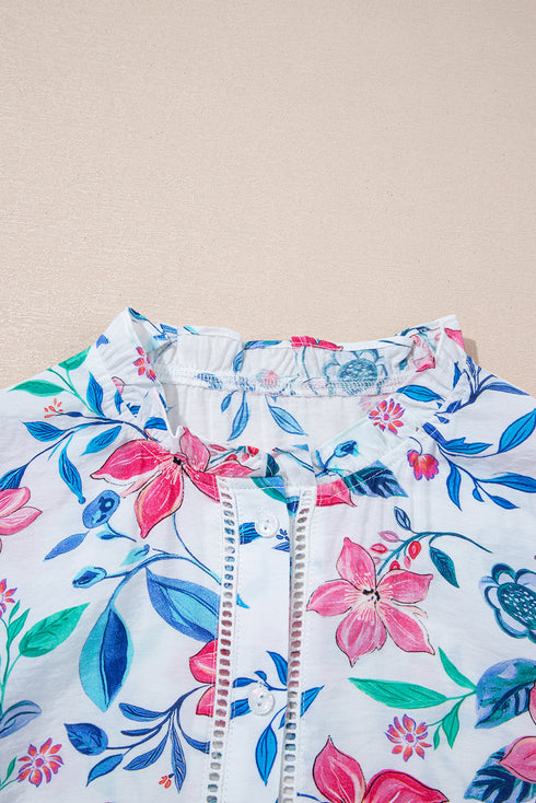 Floral Print Button Front Ladder Trim Woven Blouse