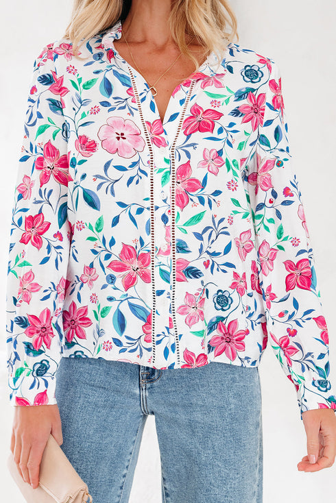Floral Print Button Front Ladder Trim Woven Blouse