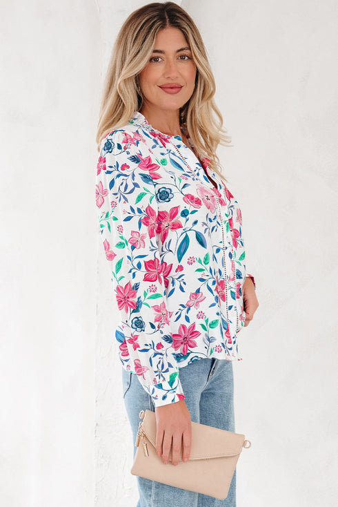 Floral Print Button Front Ladder Trim Woven Blouse