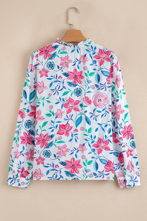 Floral Print Button Front Ladder Trim Woven Blouse